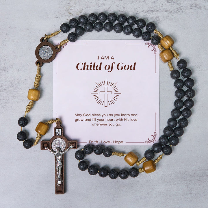 Christianartworkshop GEBETSVOLLER GLAUBE: Handgefertigter Rosenkranz aus natürlichem, langlebigem Vulkanstein mit Geschenkkarte - Kind Gottes - image 2