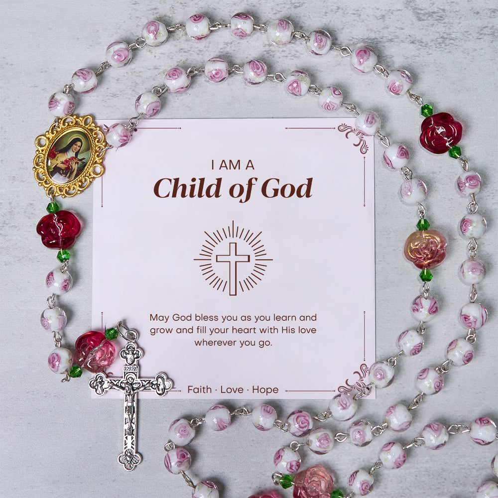 Christianartworkshop GEBETSVOLLER GLAUBE: Handgefertigter Rosenkranz mit floraler Eleganz aus Rosen und Elfenbein mit Geschenkkarte - Kind Gottes - image 1