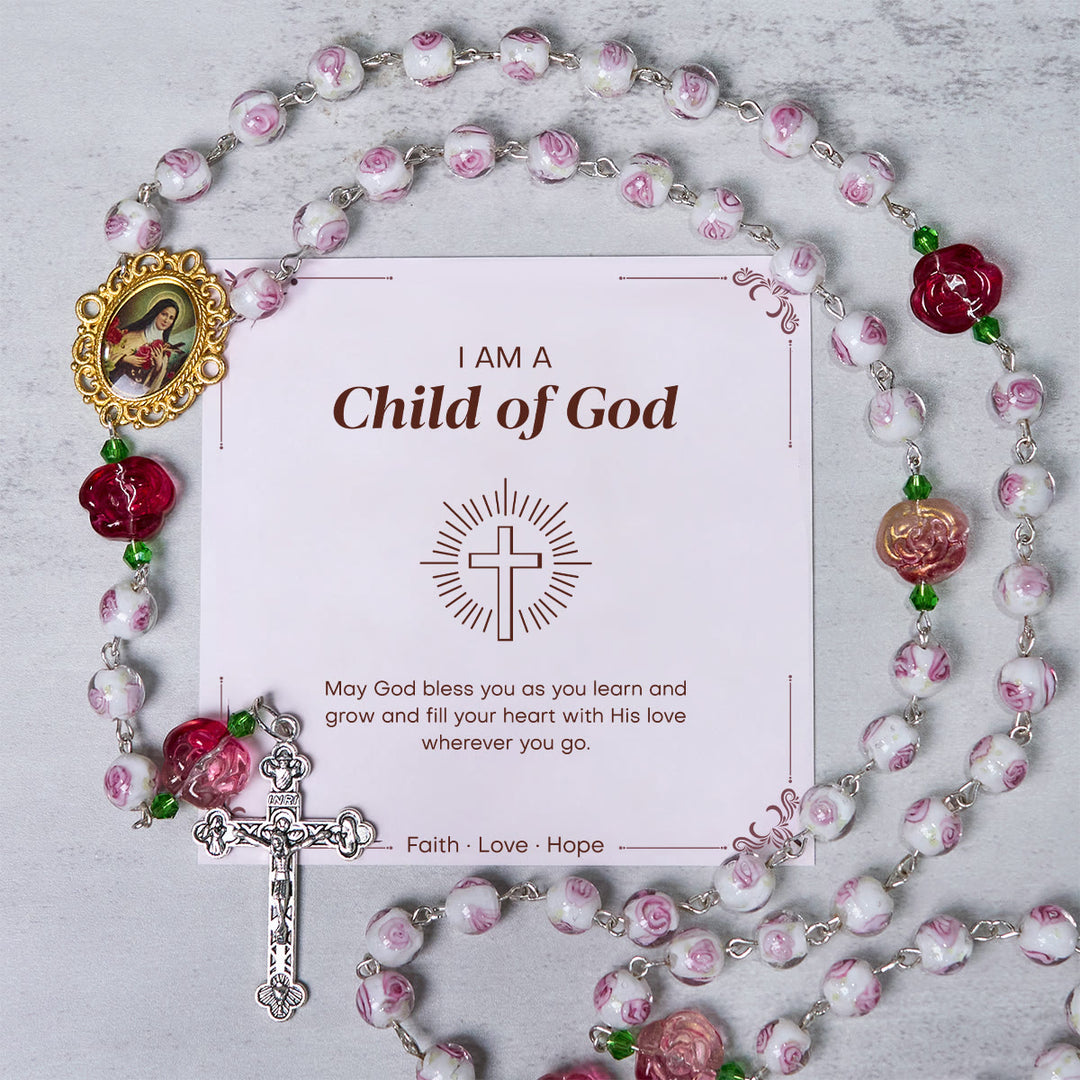 Christianartworkshop GEBETSVOLLER GLAUBE: Handgefertigter Rosenkranz mit floraler Eleganz aus Rosen und Elfenbein mit Geschenkkarte - Kind Gottes - image 1