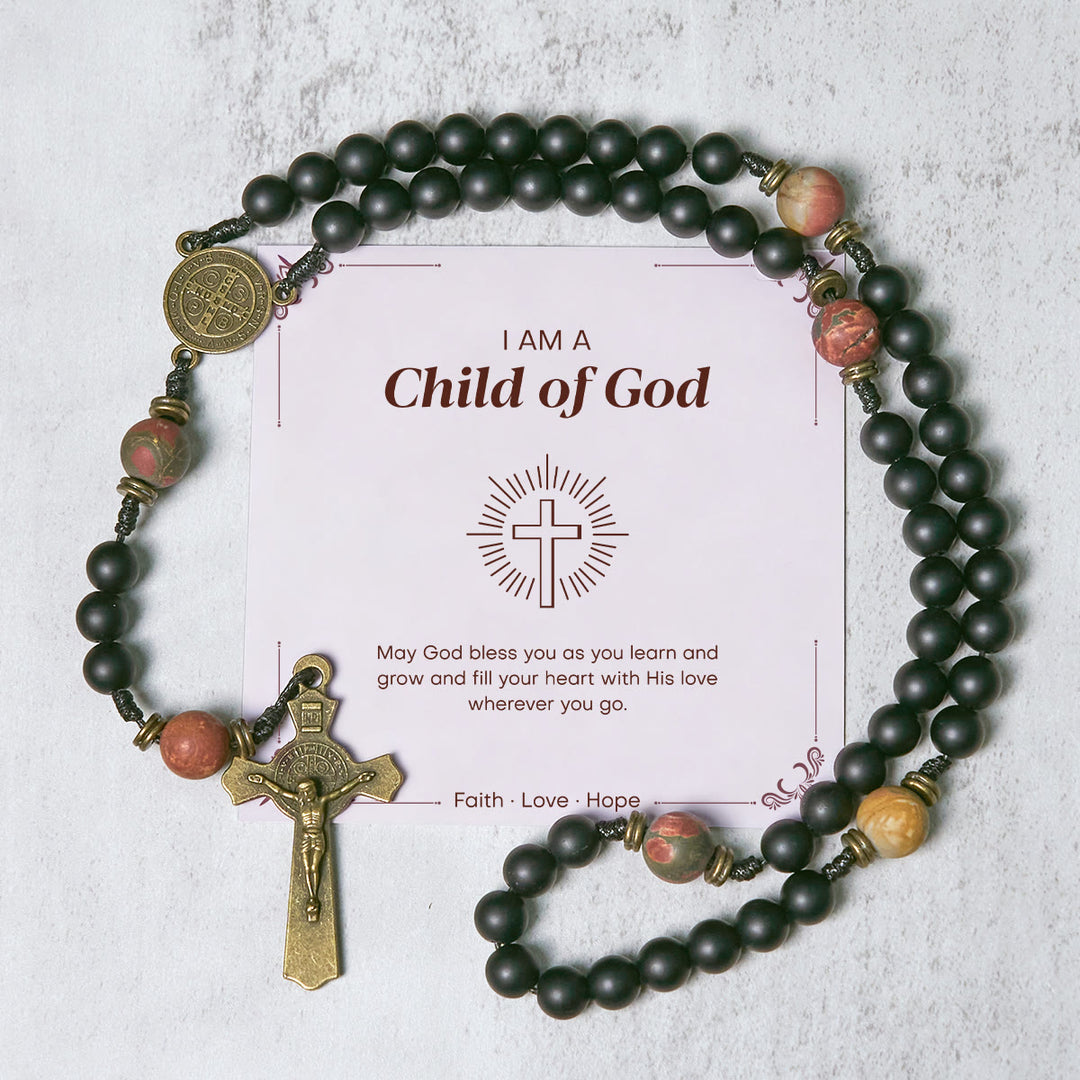 Christianartworkshop GEBETSVOLLER GLAUBE: Handgefertigter Rosenkranz in Mattschwarz und Erdtönen mit Geschenkkarte - Kind Gottes - image 2