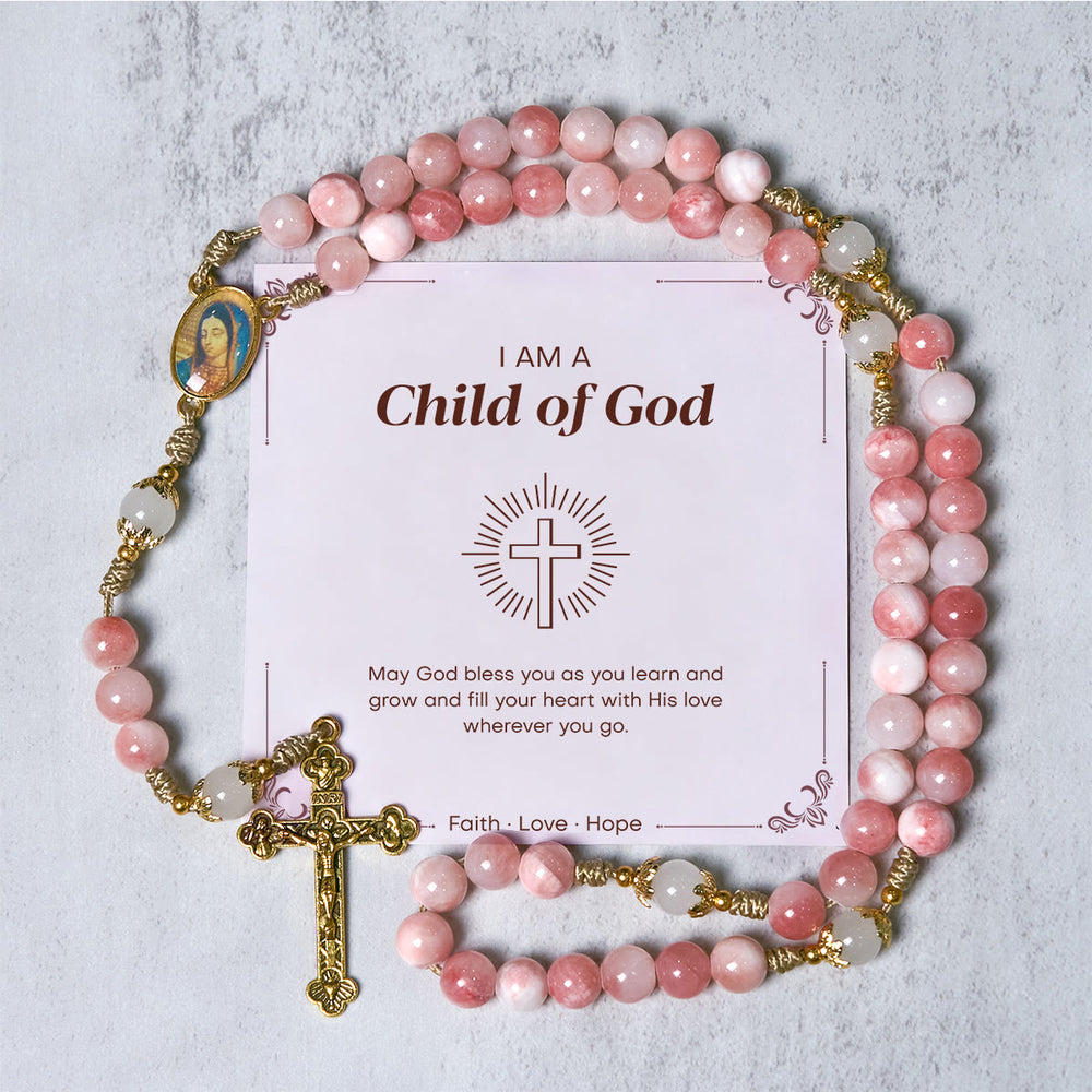 Christianartworkshop GEBETSVOLLER GLAUBE: Handgefertigter Rosenkranz aus rosa glänzenden Perlen mit Geschenkkarte - Kind Gottes - image 1