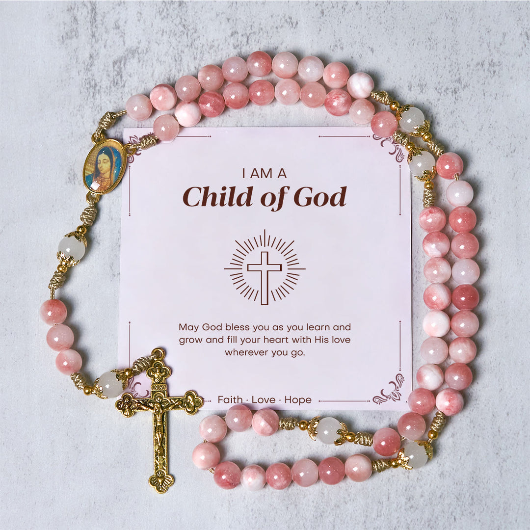 Christianartworkshop GEBETSVOLLER GLAUBE: Handgefertigter Rosenkranz aus rosa glänzenden Perlen mit Geschenkkarte - Kind Gottes - image 1