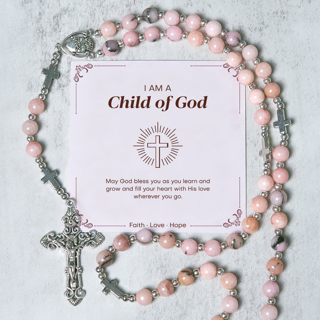 Christianartworkshop GEBETSVOLLER GLAUBE: Handgefertigter Rosenkranz aus rosa runden Perlen mit Geschenkkarte - Kind Gottes - image 0