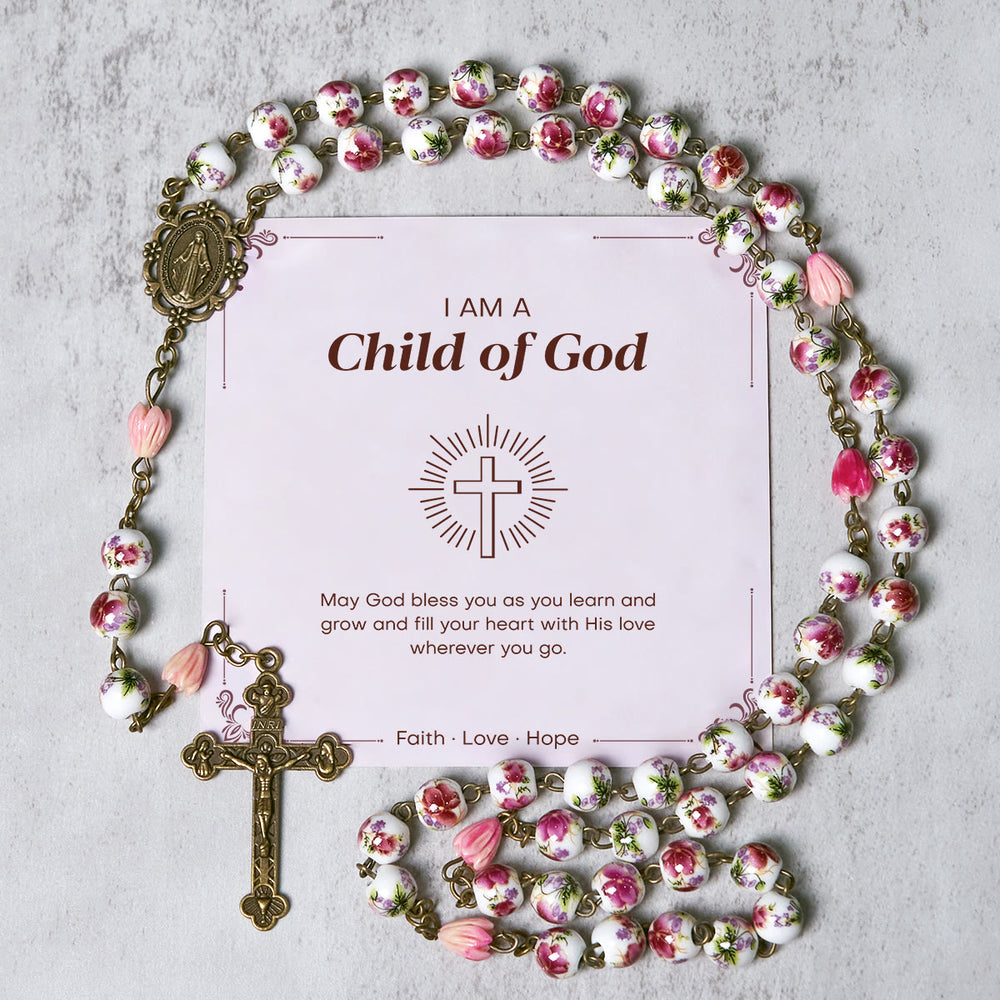 Christianartworkshop GEBETSVOLLER GLAUBE: Handgefertigter Rosenkranz aus Blumenharzperlen mit Geschenkkarte - Kind Gottes - image 1
