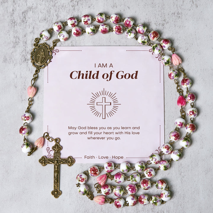 Christianartworkshop GEBETSVOLLER GLAUBE: Handgefertigter Rosenkranz aus Blumenharzperlen mit Geschenkkarte - Kind Gottes - image 1