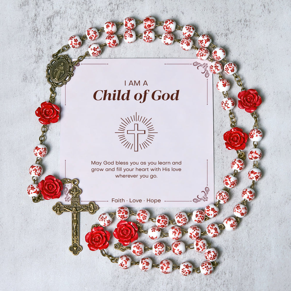 Christianartworkshop GEBETSVOLLER GLAUBE: Handgefertigter Rosenkranz aus Zinnoberperlen mit Geschenkkarte - Kind Gottes - image 1