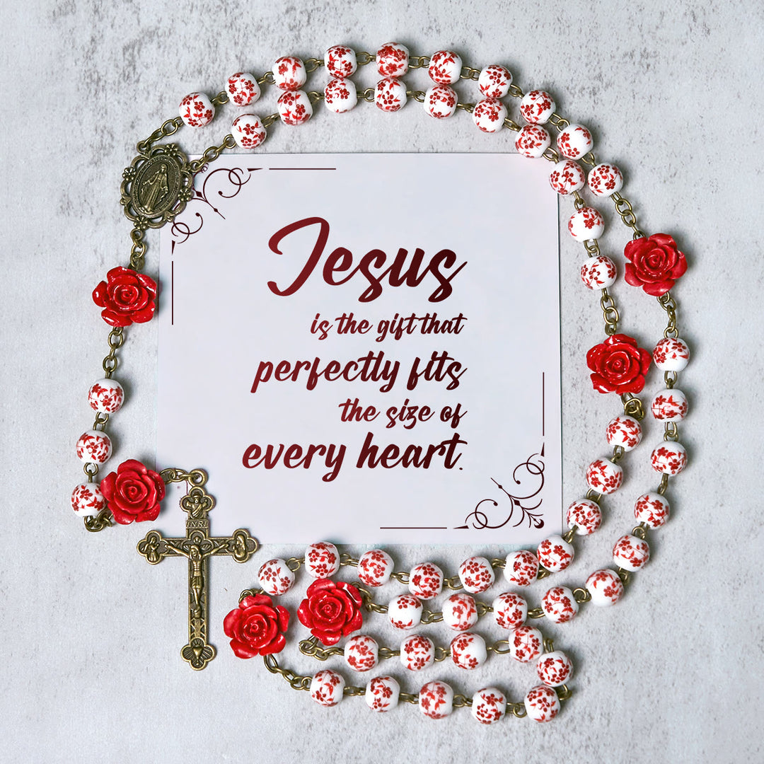 Christianartworkshop GEBETSVOLLER GLAUBE: Handgefertigter Rosenkranz aus Zinnoberperlen mit Geschenkkarte - Jesus ist das Geschenk - image 0