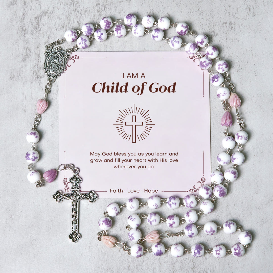 Christianartworkshop GEBETSVOLLER GLAUBE: Handgefertigter Rosenkranz aus lila Blumenperlen mit Geschenkkarte - Kind Gottes - image 1