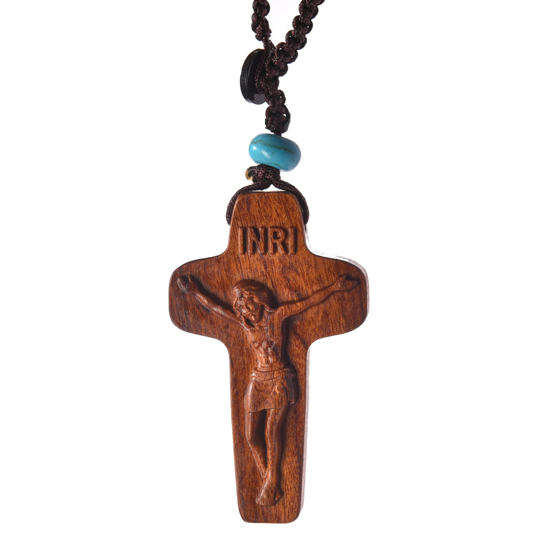 Christianartworkshop Zweifarbiger Schlüsselanhänger aus Holz mit Jesuskreuz und INRI-Perle und Türkis - image 4