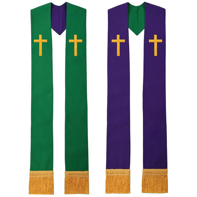 Mehrfarbige liturgische Stola mit V-Ausschnitt und dekorativen Fransen von Christianartworkshop für die Kirche - Lila & Grün (Oberes Kreuz) - Standard Liturgisch (270 cm Gesamtlänge) - image 2