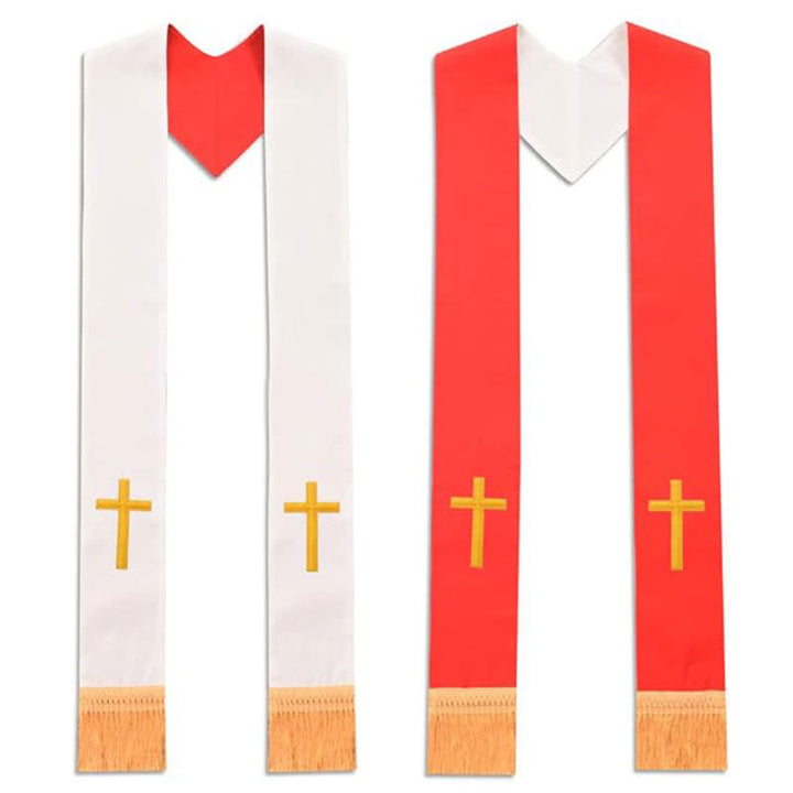 Mehrfarbige liturgische Stola mit V-Ausschnitt und dekorativen Fransen von Christianartworkshop für die Kirche - Rot & Weiß (Unteres Kreuz) - Standard Liturgisch (270 cm Gesamtlänge) - image 1