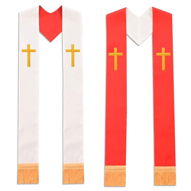 Mehrfarbige liturgische Stola mit V-Ausschnitt und dekorativen Fransen von Christianartworkshop für die Kirche - Rot & Weiß (Oberes Kreuz) - Standard Liturgisch (270 cm Gesamtlänge) - image 0