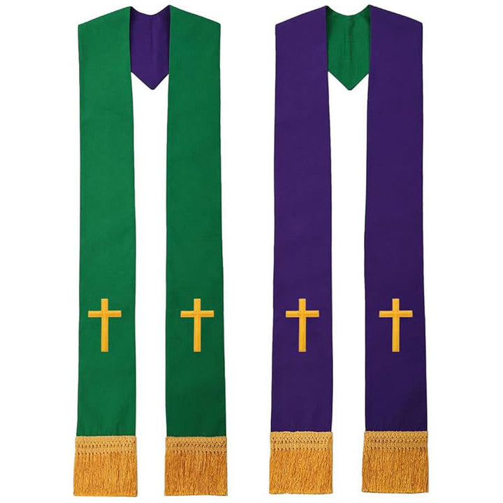 Mehrfarbige liturgische Stola mit V-Ausschnitt und dekorativen Fransen von Christianartworkshop für die Kirche - Lila & Grün (Unteres Kreuz) - Standard Liturgisch (270 cm Gesamtlänge) - image 3