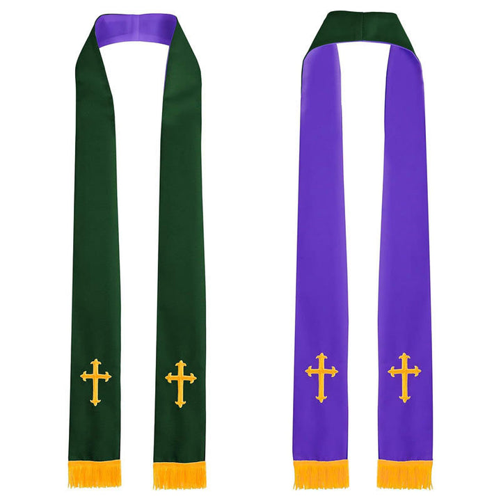 Christianartworkshop Liturgische Stola für Geistliche, vielseitig, wendbar, farbenfroher Stil, mit goldenem Quastenbesatz - Lila & Grün - image 7