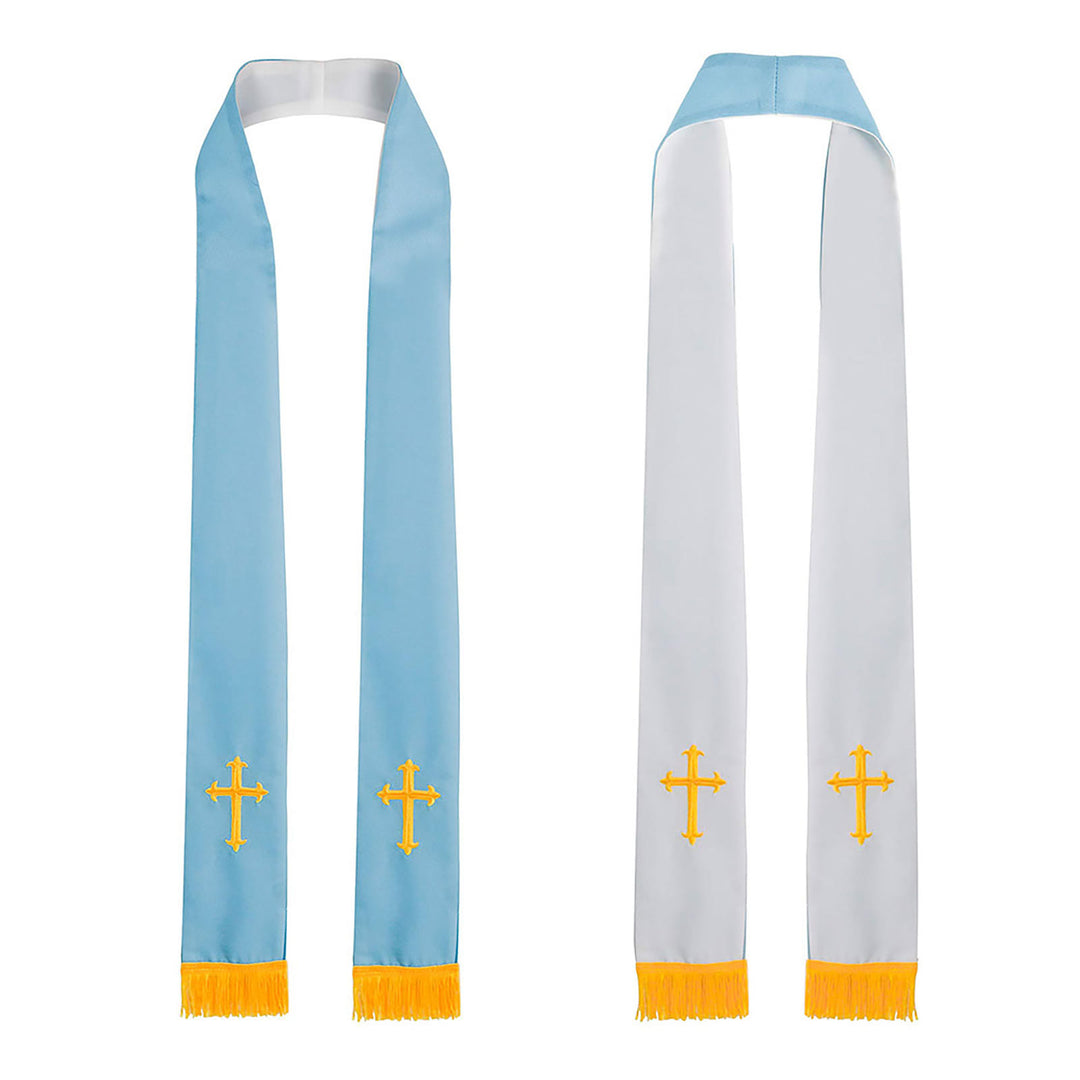 Christianartworkshop Farbenfrohe, vielseitige und wendbare liturgische Stola für Geistliche mit goldener Quastenborte - Blau & Weiß - Standard Liturgisch (270 cm Gesamtlänge) - image 0