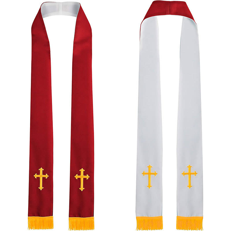 Christianartworkshop Liturgische Stola für Geistliche, vielseitig, wendbar, farbenfroher Stil, mit goldenem Quastenbesatz - Rot & Weiß - image 2