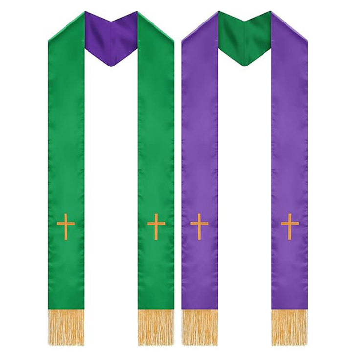 Christianartworkshop Traditionelle mehrfarbige Stola für Geistliche mit V-Ausschnitt und geradem Hals - Lila & Grün (Wendbar) - image 3