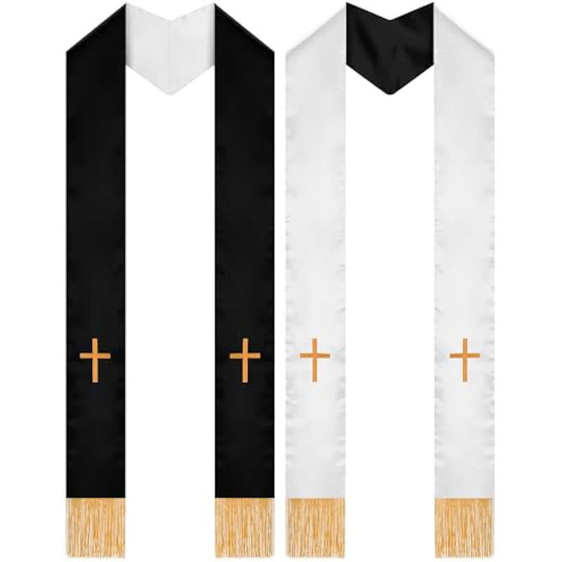 Christianartworkshop Traditionelle mehrfarbige Stola für Geistliche mit V-Ausschnitt und geradem Hals - Schwarz & Weiß (umkehrbar) - image 0