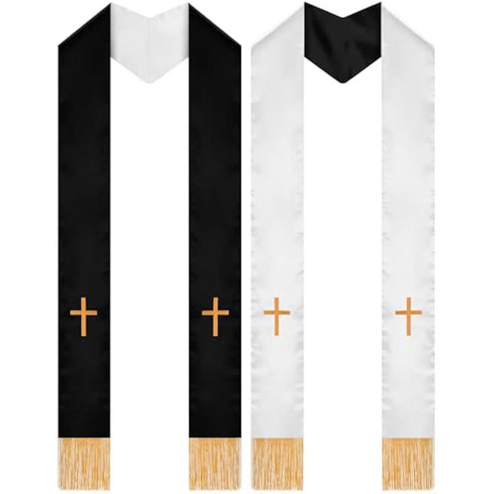 Christianartworkshop Traditionelle mehrfarbige Stola für Geistliche mit V-Ausschnitt und geradem Hals - Schwarz & Weiß (umkehrbar) - image 0