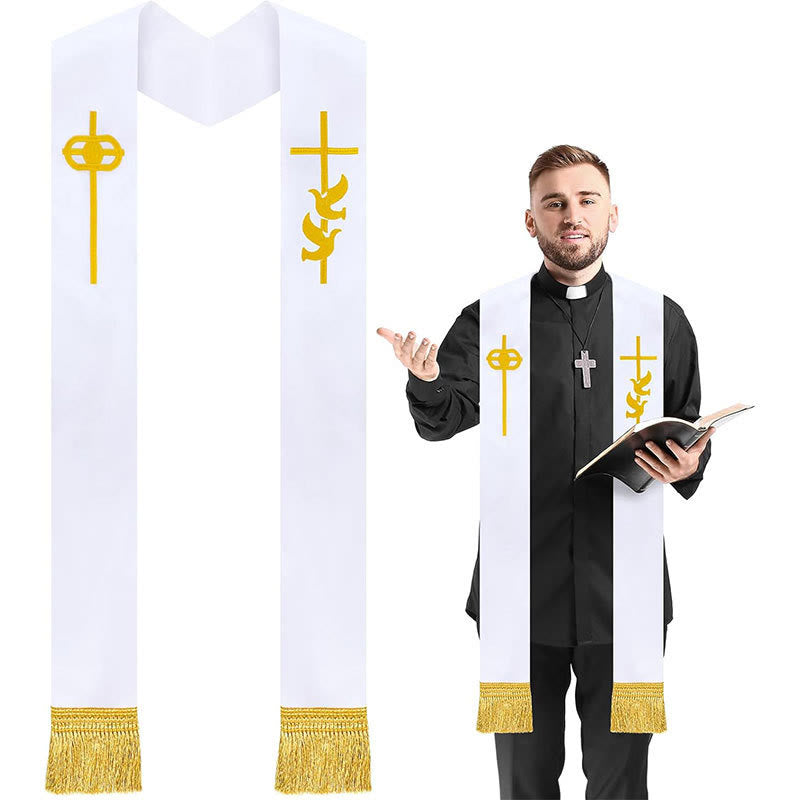 Reinweiße liturgische Stola von Christianartworkshop mit goldenem Kreuz und Heiliger-Geist-Taube - Weiß - Standard Liturgisch (270 cm Gesamtlänge) - image 0