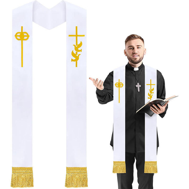 Reinweiße liturgische Stola von Christianartworkshop mit goldenem Kreuz und Heiliger-Geist-Taube - Weiß - Standard Liturgisch (270 cm Gesamtlänge) - image 0