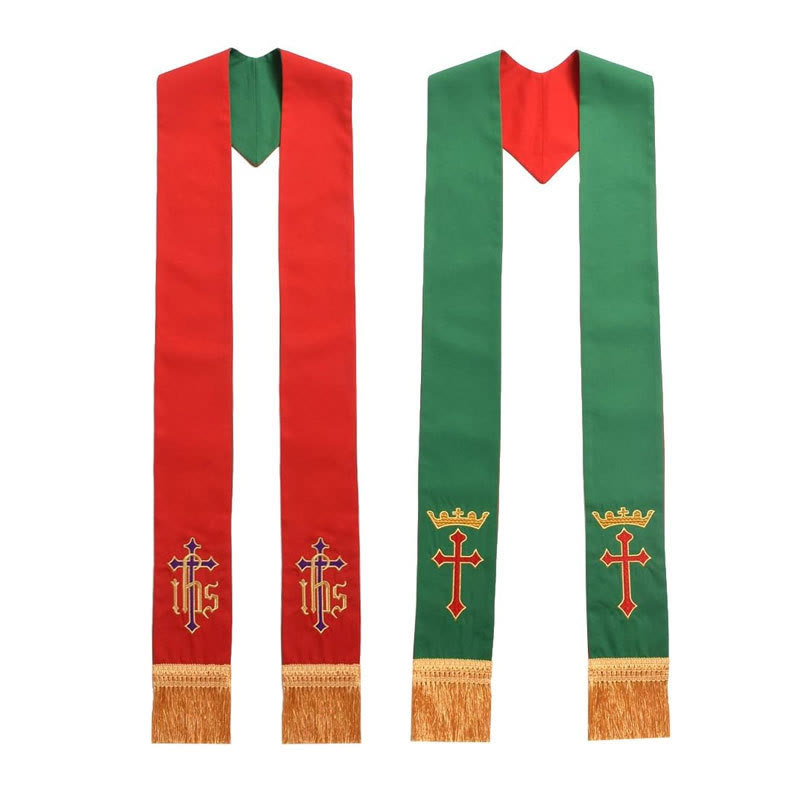 Christianartworkshop – Wendbare Stola für Geistliche in Rot und Grün mit Kreuz und IHS-Monogramm - Rot & Grün - image 0