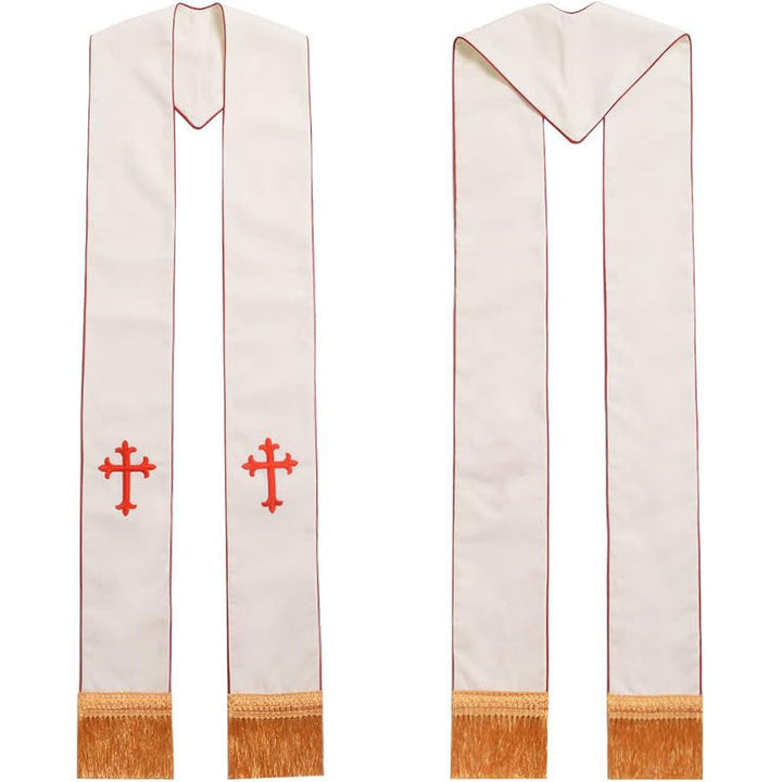 Zeremonielle weiße Priesterstola von Christianartworkshop mit farbigen Kreuzen und goldenen Fransen - Rotes Kreuz - Standard Liturgisch (270 cm Gesamtlänge) - image 2
