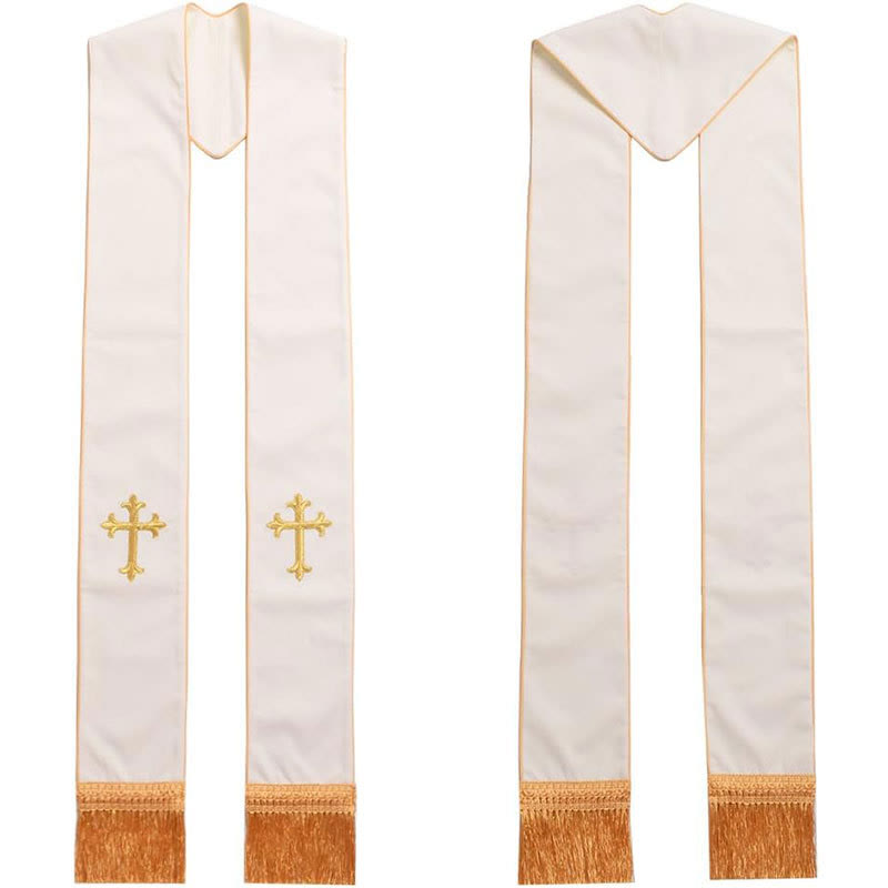 Zeremonielle weiße Priesterstola von Christianartworkshop mit farbigen Kreuzen und goldenen Fransen - Goldenes Kreuz - Standard Liturgisch (270 cm Gesamtlänge) - image 1