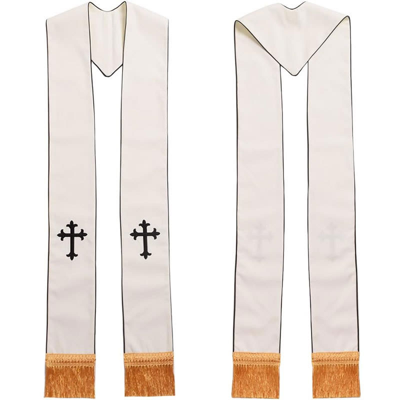 Zeremonielle weiße Priesterstola von Christianartworkshop mit farbigen Kreuzen und goldenen Fransen - Schwarzes Kreuz - Standard Liturgisch (270 cm Gesamtlänge) - image 0