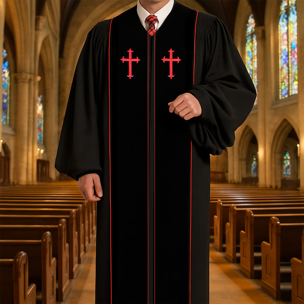 Christianartworkshop Traditionelle schwarze Priesterrobe mit Rotkreuz-Stickerei und formellem Design - Schwarz - 3XL - image 0