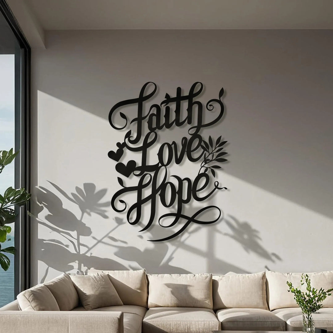Christianartworkshop Wanddekoration aus Metall mit Schriftzug „Faith Love Hope“ mit Herz- und Blattakzenten - image 2