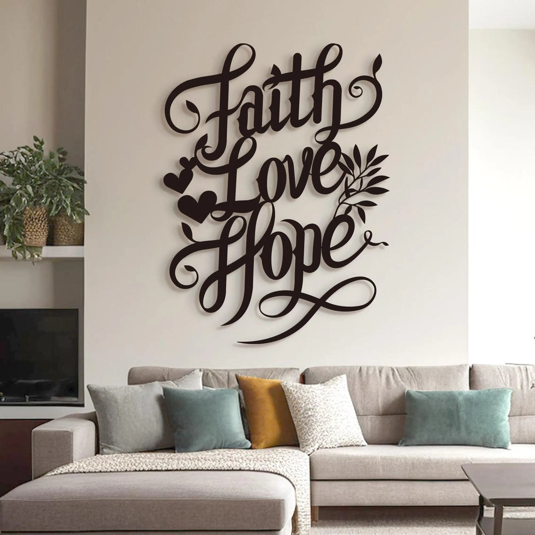 Christianartworkshop Wanddekoration aus Metall mit Schriftzug „Faith Love Hope“ mit Herz- und Blattakzenten - image 4