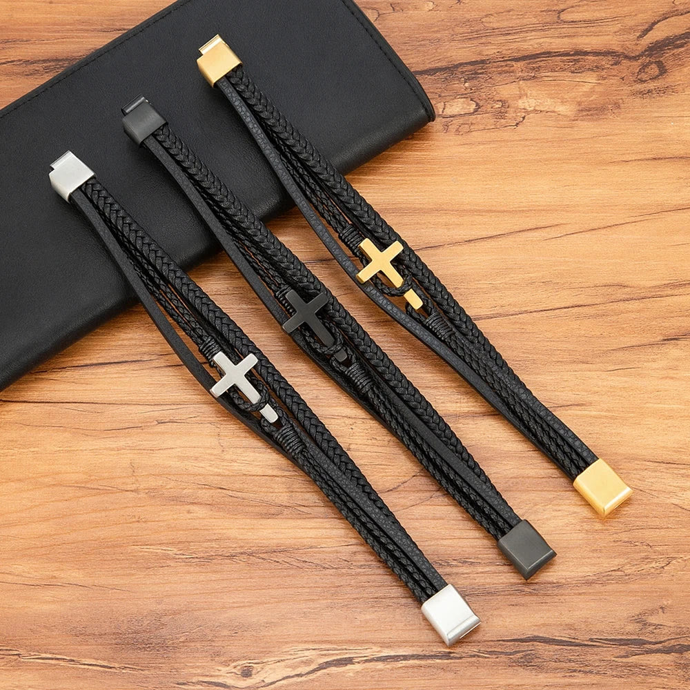 Christianartworkshop Dreifarbiges Edelstahlkreuz und geflochtenes Lederarmband - image 10