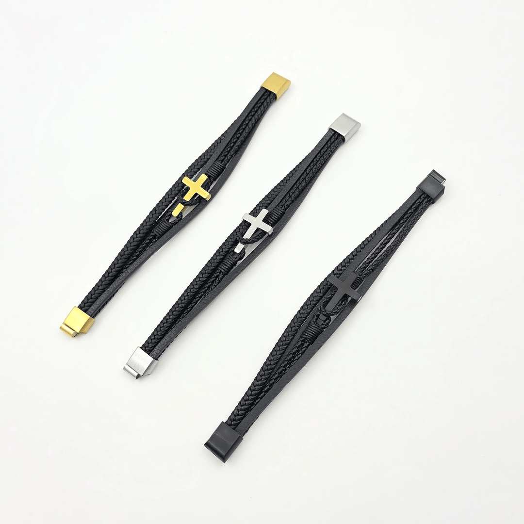 Christianartworkshop Dreifarbiges Edelstahlkreuz und geflochtenes Lederarmband - image 10