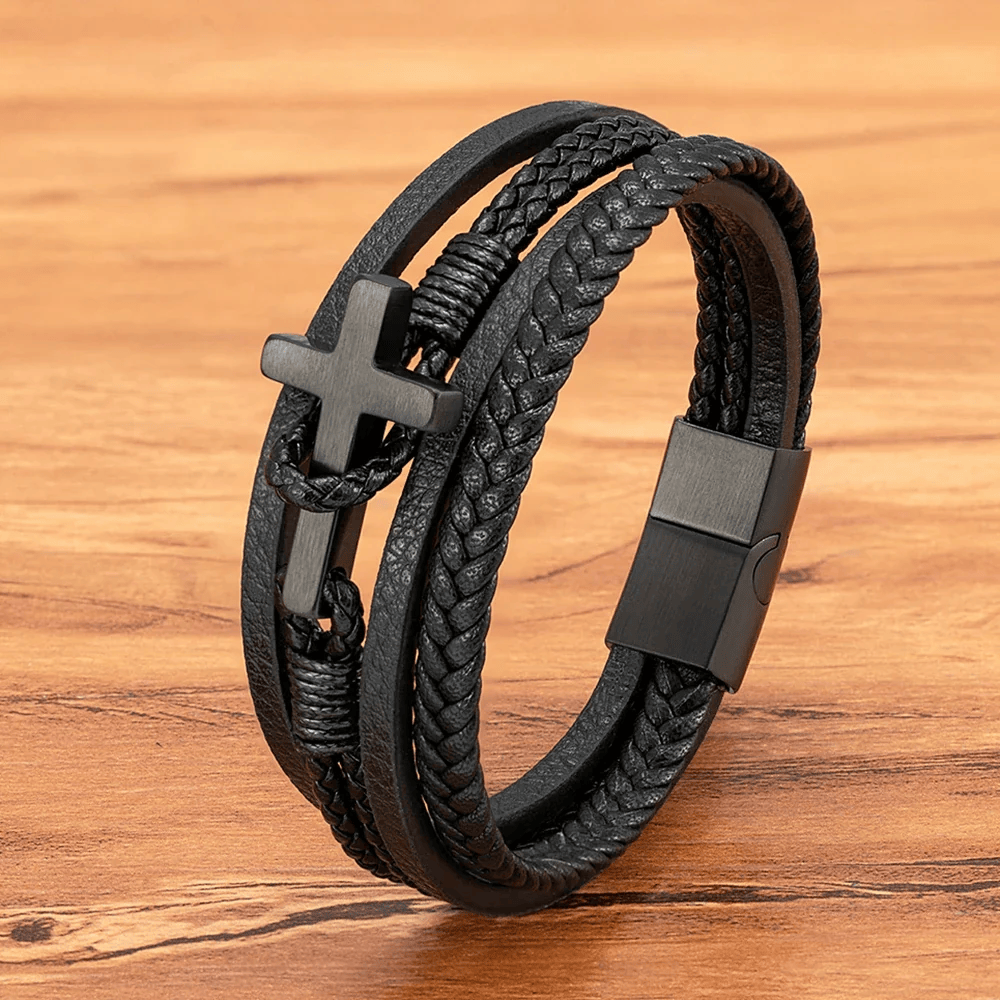 Christianartworkshop Dreifarbiges Edelstahl-Kreuz & geflochtenes Lederarmband - Schwarzes Kreuz - 23 cm - image 0