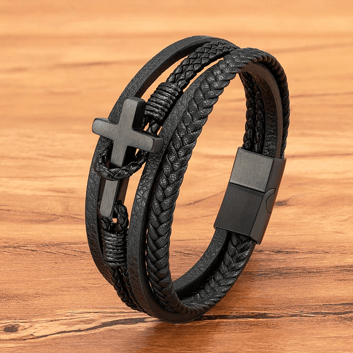 Christianartworkshop Dreifarbiges Edelstahl-Kreuz & geflochtenes Lederarmband - Schwarzes Kreuz - 23 cm - image 0