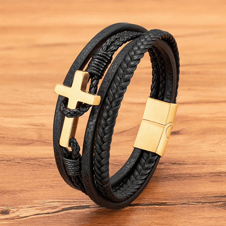 Christianartworkshop Dreifarbiges Edelstahl-Kreuz & geflochtenes Lederarmband - Goldenes Kreuz - 23 cm - image 6