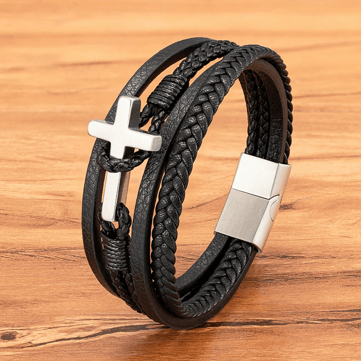 Christianartworkshop Dreifarbiges Edelstahl-Kreuz & geflochtenes Lederarmband - Silbernes Kreuz - 23 cm - image 12