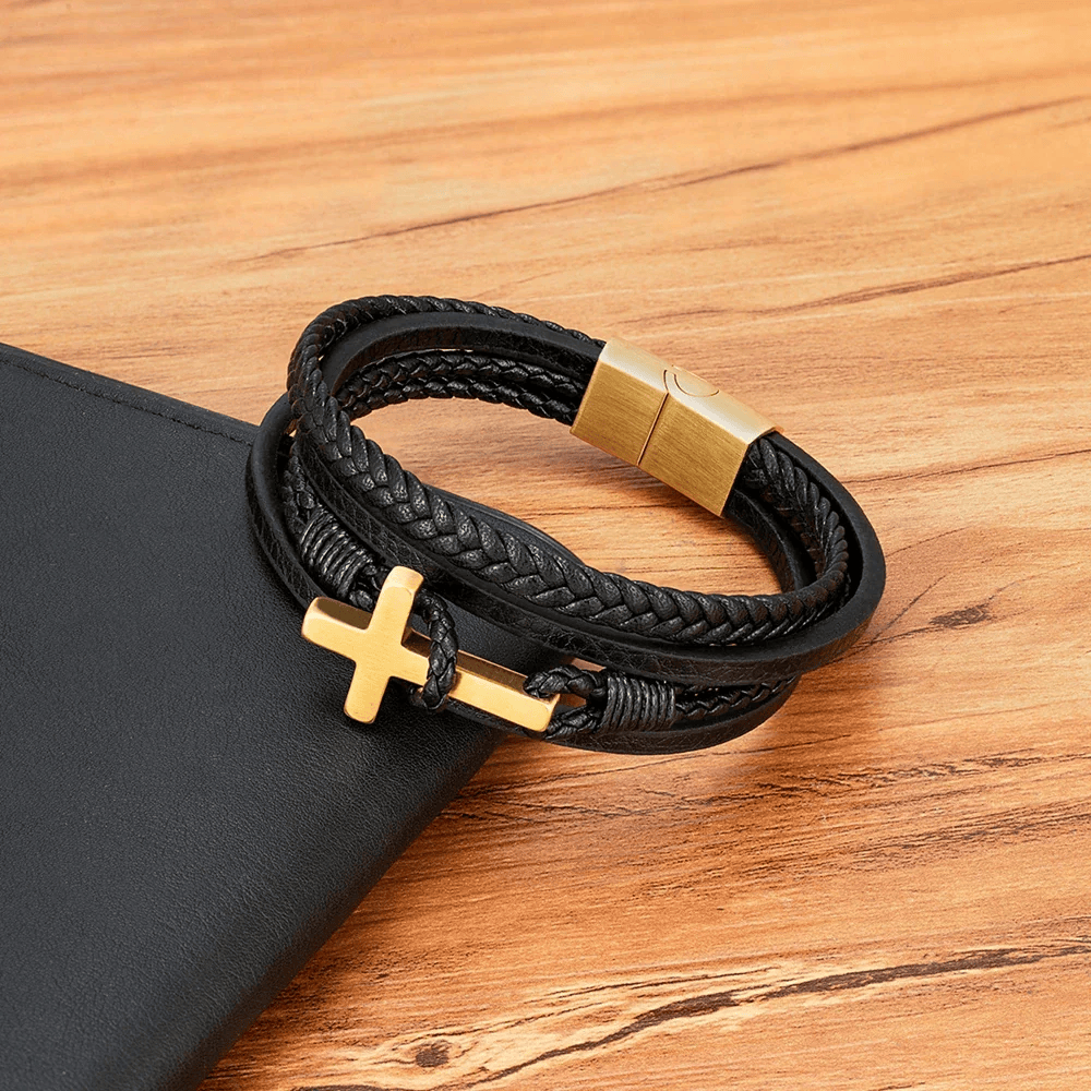 Christianartworkshop Dreifarbiges Edelstahlkreuz und geflochtenes Lederarmband - image 8