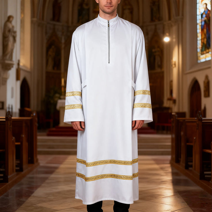 Christianartworkshop – Weiße Priesterroben in verschiedenen Stilen: Ideal für Gottesdienste und Rituale in der Kirche - Mit goldenen Streifen - 3XL - image 4