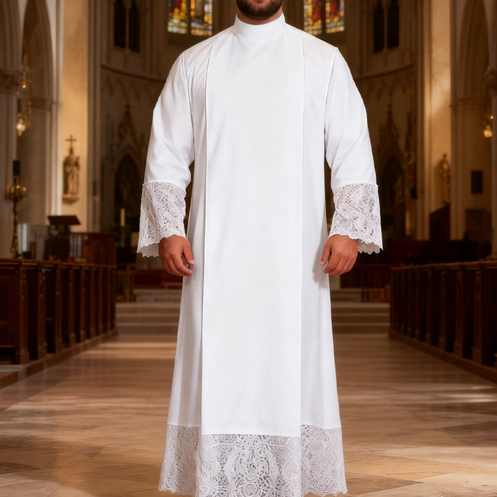 Christianartworkshop – Weiße Priesterroben in verschiedenen Stilen: Ideal für Gottesdienste und Rituale in der Kirche - Mit weißer breiter Spitze - 3XL - image 9