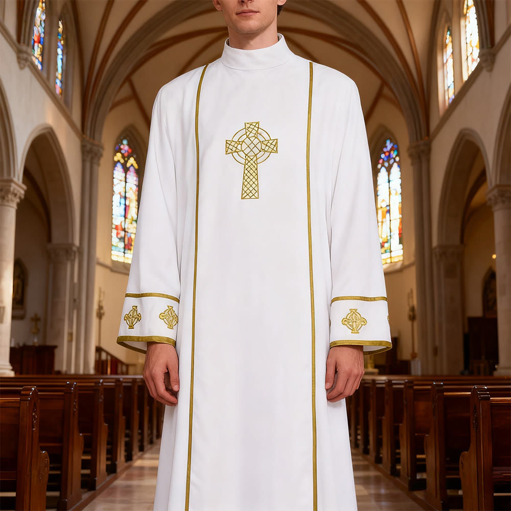 Christianartworkshop – Weiße Priesterroben in verschiedenen Stilen: Ideal für Gottesdienste und Rituale in der Kirche - Mit goldenem Kreuz - 3XL - image 0
