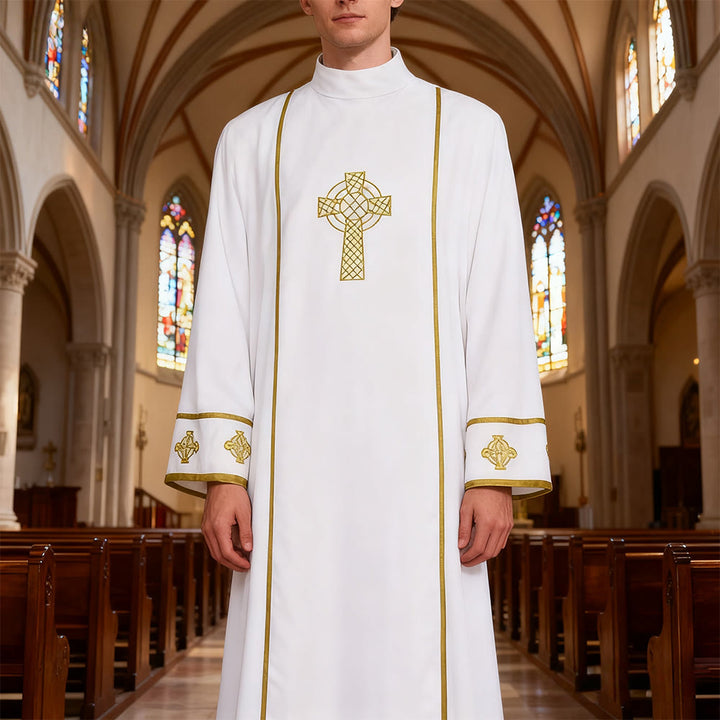 Christianartworkshop – Weiße Priesterroben in verschiedenen Stilen: Ideal für Gottesdienste und Rituale in der Kirche - Mit goldenem Kreuz - 3XL - image 0