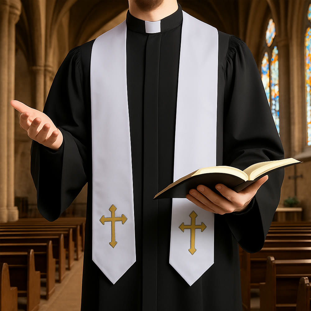 Elegante Priestergewänder in Schwarz und Weiß von Christianartworkshop : Detail mit goldenem Kreuz - image 1