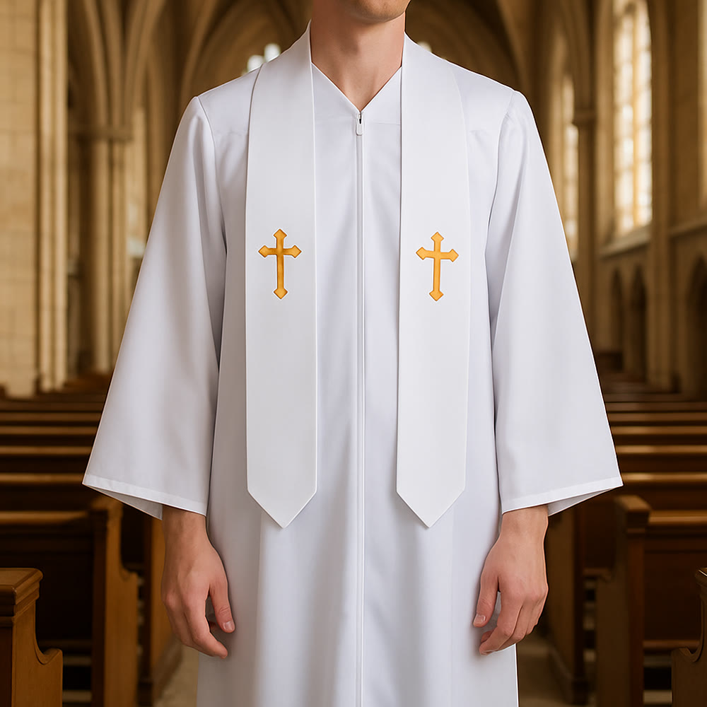Elegante Priestergewänder in Schwarz und Weiß von Christianartworkshop : Detail mit goldenem Kreuz - image 0