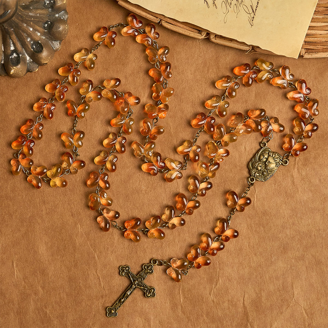 Christianartworkshop Erntedankfest: Bernsteinfarbene Schmetterlingsperlen mit Kruzifix und Tierrosenkranz der Heiligen Familie - image 5