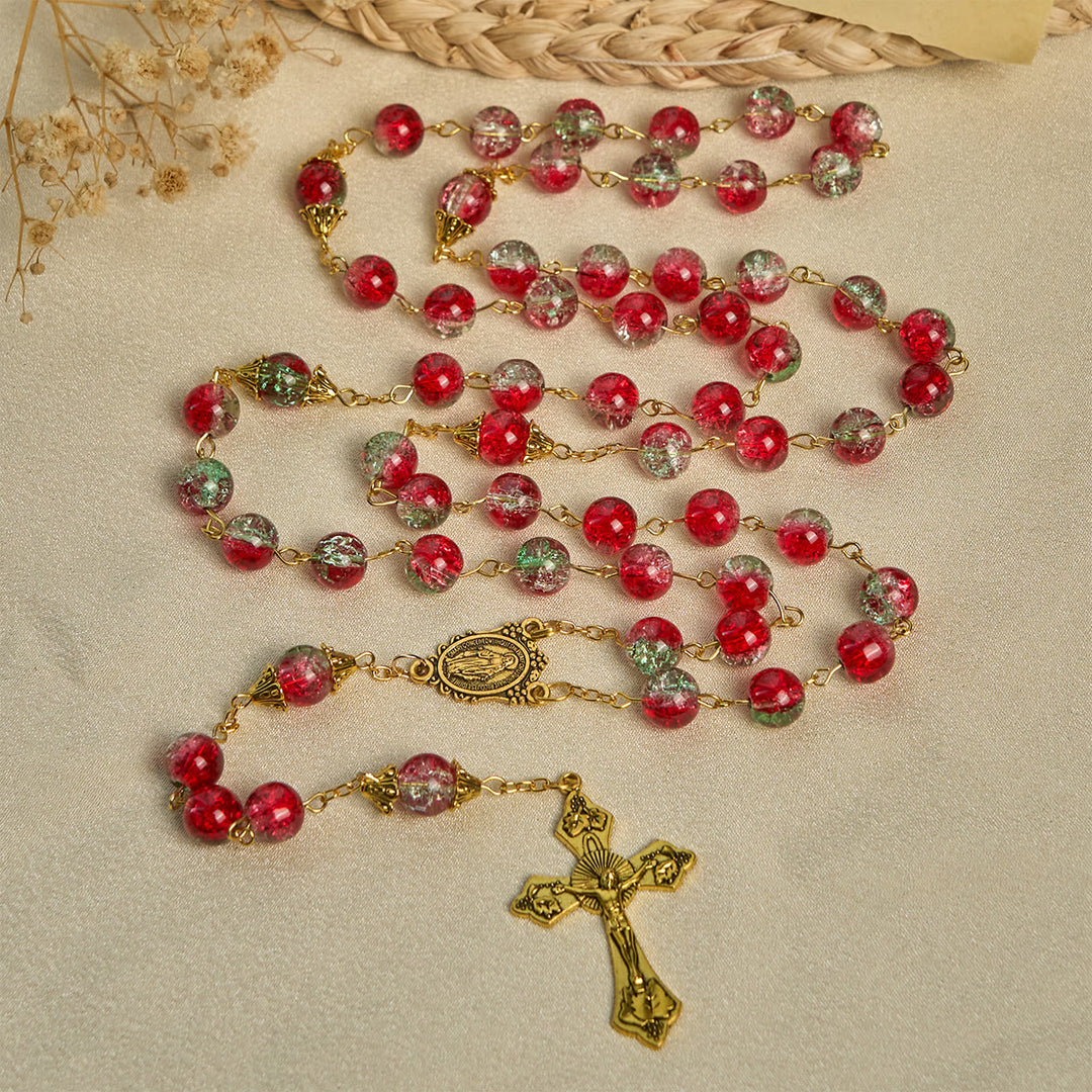 Christianartworkshop Weihnachten – Themen-Rosenkranz aus roten Perlen mit goldenem Kruzifix und Madonna-Medaille - image 3