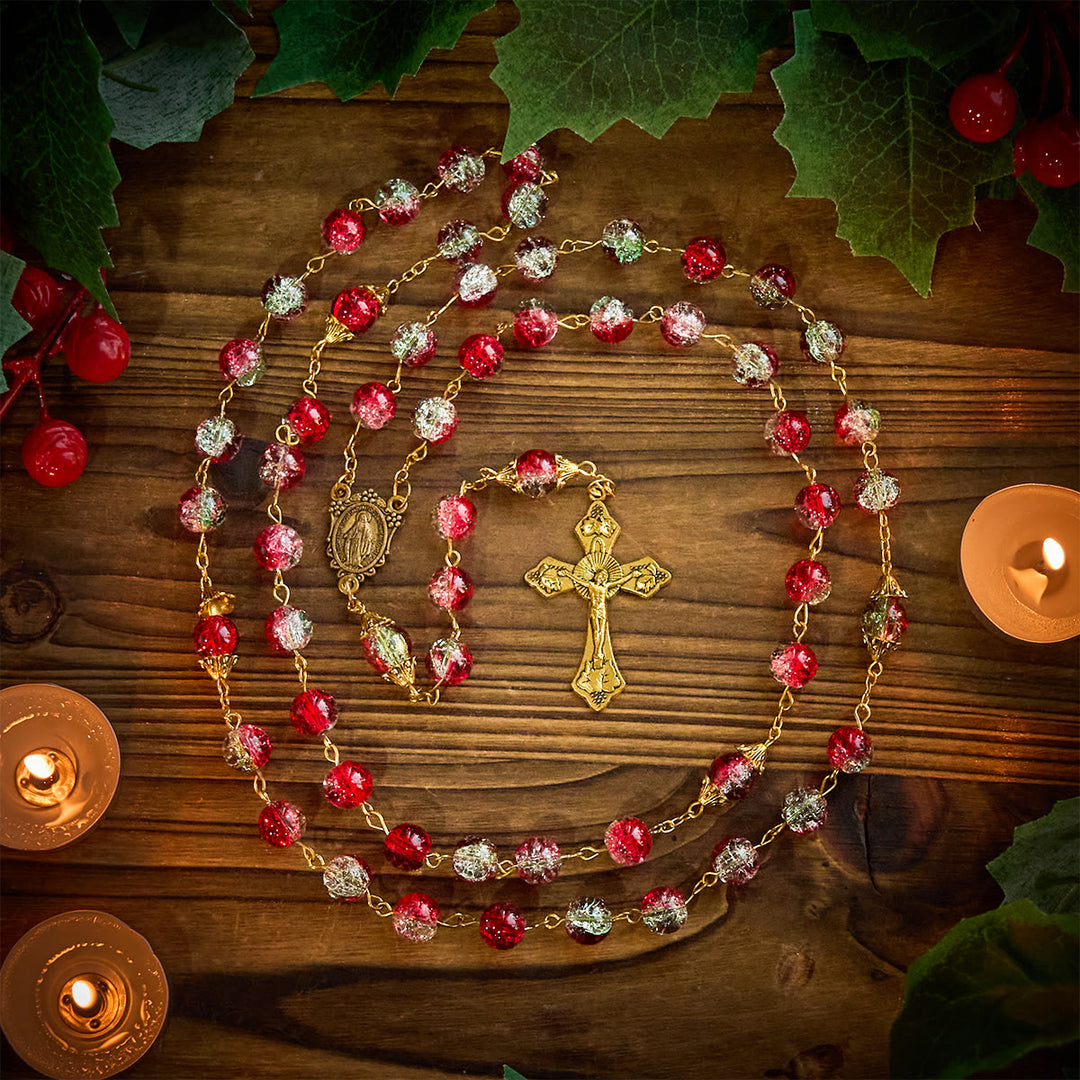 Christianartworkshop Thanksgiving Day: Weihnachts-Rosenkranz aus roten Perlen mit goldenem Kruzifix und Madonna-Medaille - image 7