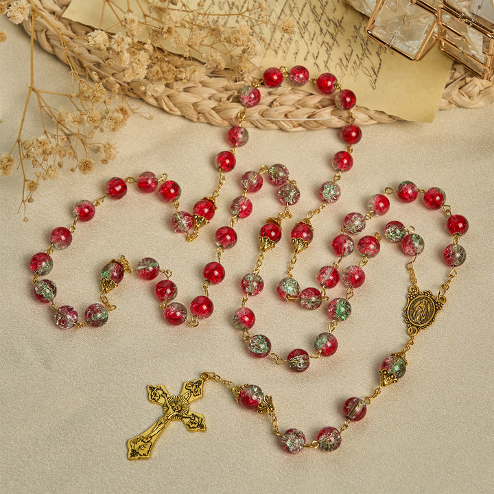Christianartworkshop Thanksgiving Day: Weihnachts-Rosenkranz aus roten Perlen mit goldenem Kruzifix und Madonna-Medaille - image 8
