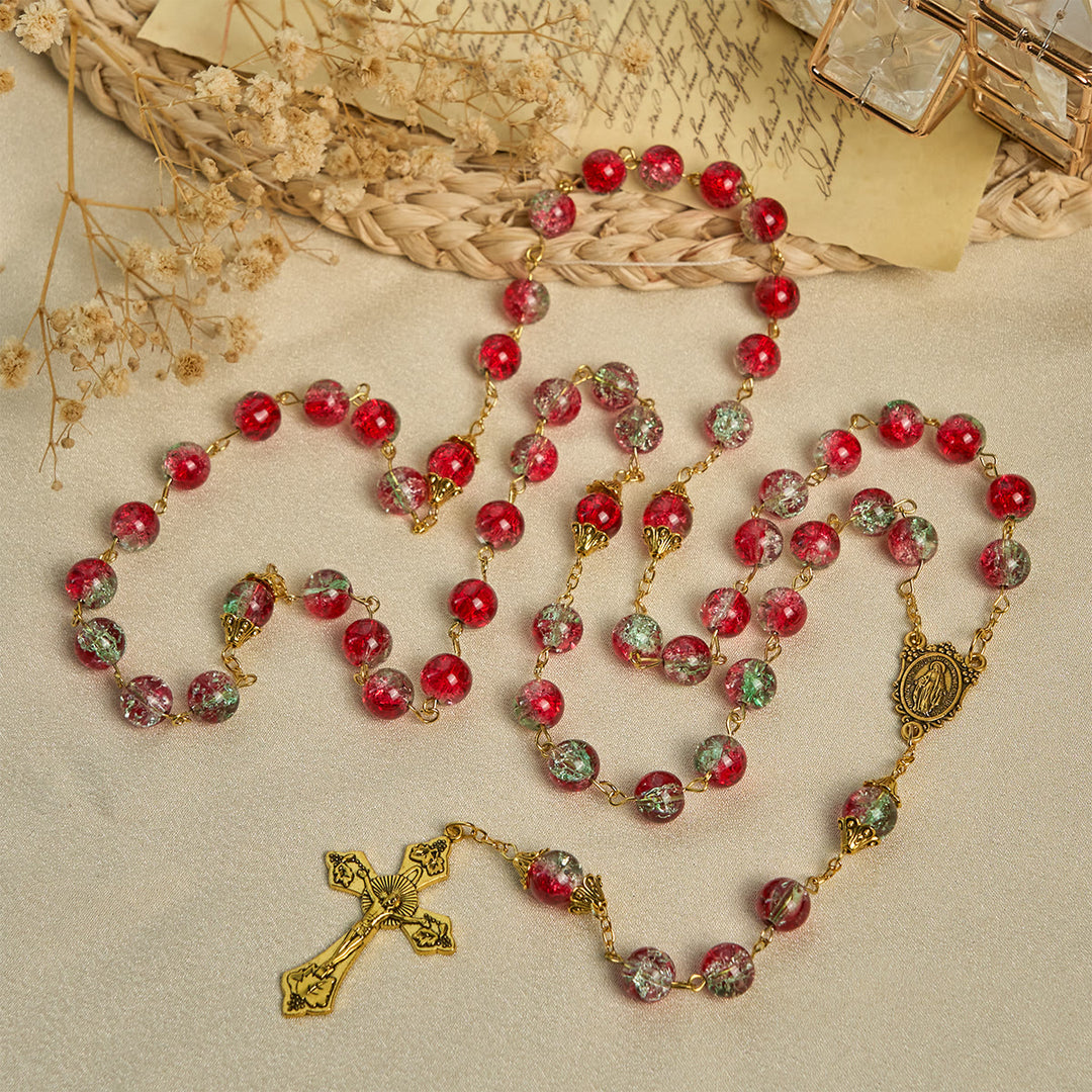 Christianartworkshop GEBETSVOLLER GLAUBE: Weihnachts-Rosenkranz aus roten Perlen mit goldenem Kruzifix und Madonna-Medaille - image 8